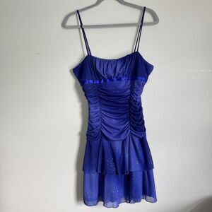 Vintage Taboo Y2K Royal Blue Glitter Ruched Tiered Mini Dress Size XL Fairycore